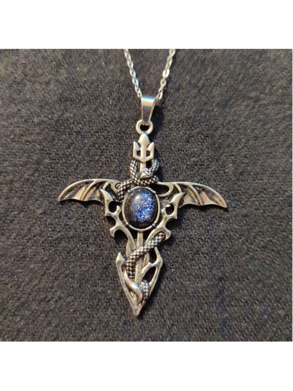 Silver Tone Blue Goldstone Gemstone Dragon Cross Pendant Statement Necklace